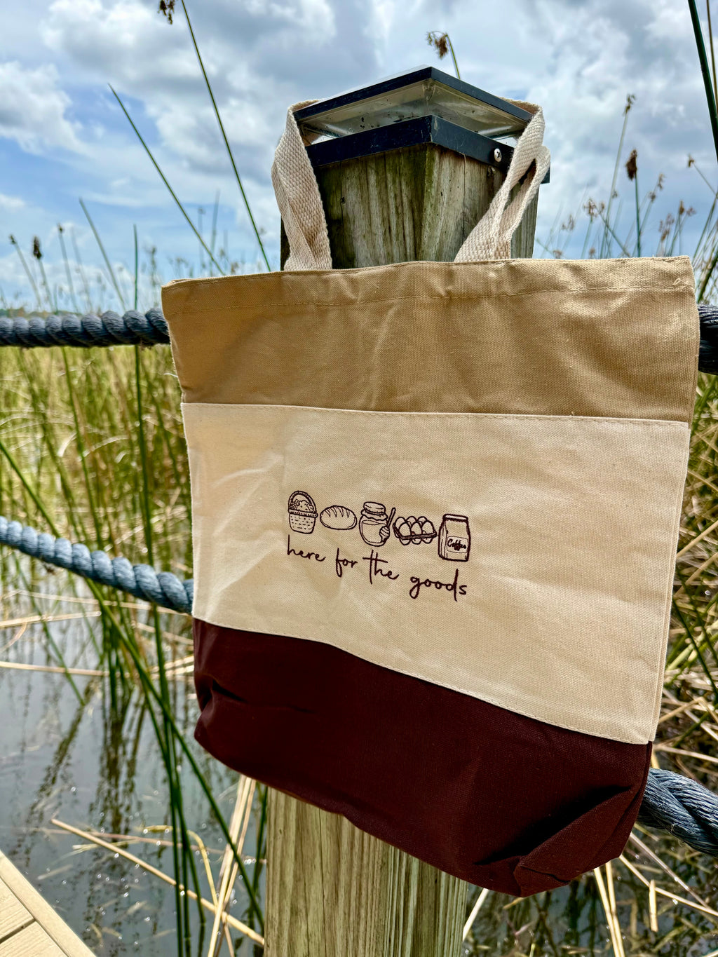 “Here for the goods” tote bag