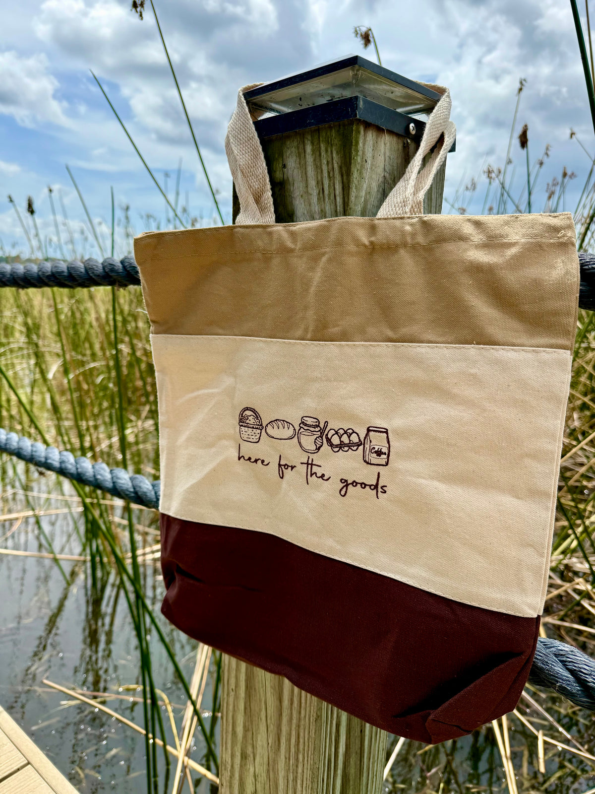“Here for the goods” tote bag