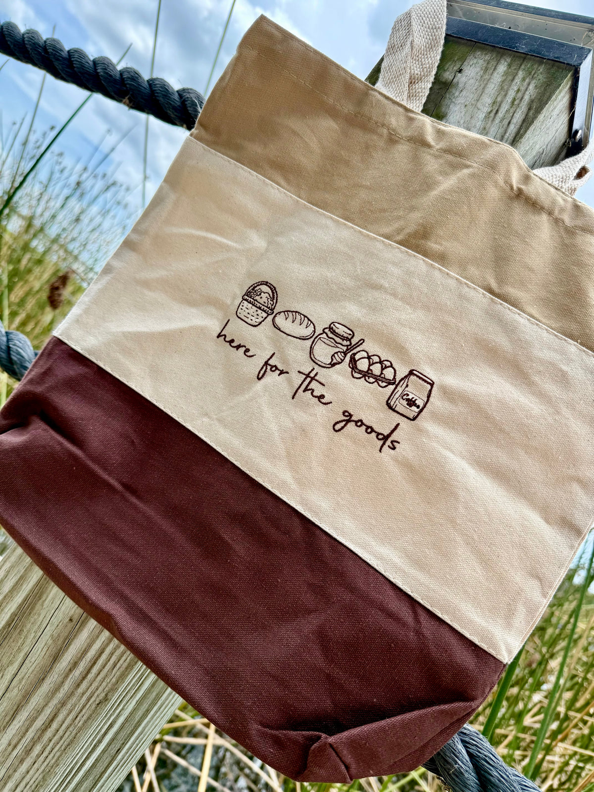 “Here for the goods” tote bag