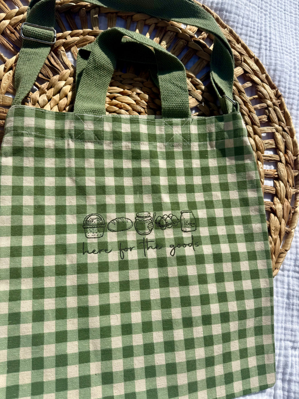 “Here for the goods” tote bag